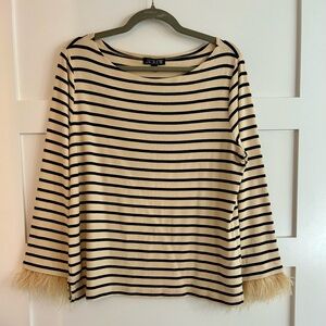J. Crew Black and Cream Striped Long Sleeve Top with removable feather trim